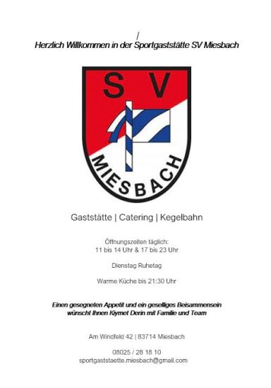 Speisekarte Restaurant SV Miesbach e.V. | Bayerisch, Türkische Klassiker & Raclette